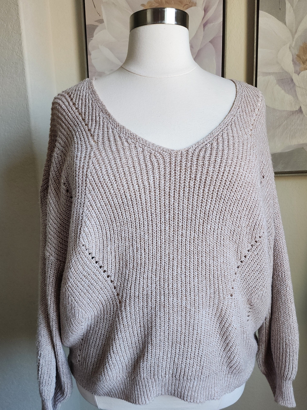 SHEIN Light Taupe V-Neck Knit Sweater
